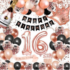 16. dzimšanas dienas rotājumi Meitenes, SWPEED Rose Gold Black dekorēšanas komplekts 16. baloni Happy Birthday Banner Garland Confetti balons Sievietes Meiteņu dzimšanas dienas dekorēšana 16. dzimšanas dienas svinību dekorēšana