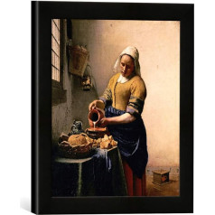 Ierāmēta Picture of Jan Vermeer Van Delft Maid with Milk Jug Art Print in High Quality Handmade Picture Frame 30x30cm Matt Black