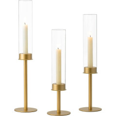 Hewory zelta sveču turētājs Taper Candle: Svečturi: 3 metāla sveces turētājs zelta krāsā ar stikla cilindru bez pamatnes svecēm, sveces turētājs Ziemassvētku dekorēšanai, viesistabai, kāzām, ēdamistabai, ēdamistabai.