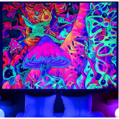 Simpkeely Black Light Trippy sēņu gobelēns, spīd tumsā krāsains gobelēns, hipiju briesmonis, neona sienas iekārta, UV reaktīvais estētiskais gobelēns - 150cm x 200cm