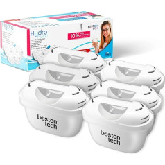 Hydro Pure+ ūdens filtrs 6 filtru kasetņu iepakojumā, kas saderīgs ar Brita Maxtra/Maxtra+/PerfectFit/Amazon Basics, samazina kaļķakmens un hlora saturu. Komplektā iekļauts adapteris.