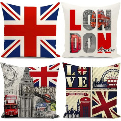 HUASHUZI Union Jack Cushion Covers Londona Anglija Apvienotā Karaliste karogs Vintage Cushion Cover 18 x 18 collu komplekts 4 dekori Mājas dzīvojamā istaba gultas veļa dīvāns birojs Dekoratīvie dāvanas