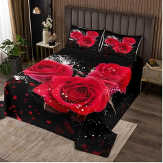 Loussiesd 3D Rose Bed Throw 220 x 240 cm meitenēm Rose Flowers Print Quilt Teenagers Sievietes Romantiska ziedu raksts Bedspread Luxury Red Black Room Decor