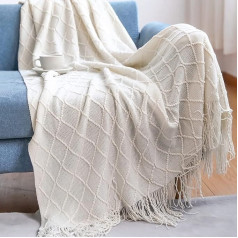 LumiSyne Trikotāžas sega ar pušķi Plain ģeometrisks raksts Cuddly sega Trikotāžas sega Bedspread Throw Couch sega Dekoratīva sega dīvānam Gulta 170 x 130 cm