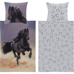 Aminata BALANCE Bērnu gultas veļa 135 x 200 cm Zirgi Zirgi Kokvilna Bērnu meitenēm - Zirgu motīvs - Zirgu gultas veļas komplekts ar YKK Zip - melns