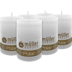 Müller Kerzen Polar Pillar sveces ar matrača efektu - 6 lauku sveču komplekts - baltas - 58 x 90 mm - ilgs degšanas laiks 32 stundas - neitrāls aromāts - bez pilieniem - RAL kvalitāte