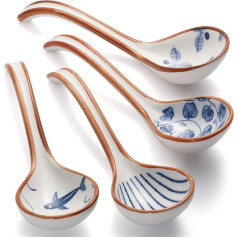 Keramikas zupas karotes 4 porcelāna komplekts Japāņu zupas karotes ar garu rokturi Āzijas zupas karotes mērču, zupas nūdeļu, vontonu, krējuma komplektiem (porcelāns)