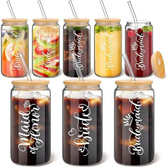 Jinei Pack of 8 līgavas līgavas līgavas dāvanas 17 oz Mason Jar kausi ar bambusa vāku stikla salmiņu līgavas draudzene krūze konservēti dzeramie glāzes ledus kafijas kauss līgavas šova pusei Favors