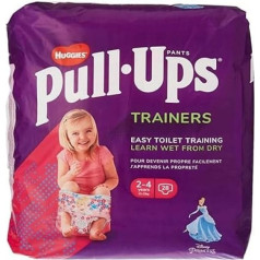 Huggies Pull-Ups dienas autiņbiksītes — kopējais izmērs 2–4 gadiem (1 iepakojums pa 28 biksēm katrā) — Mega Pack autiņbiksītes vieglai tualetes apmācībai, 28 dab. (1 paciņa)