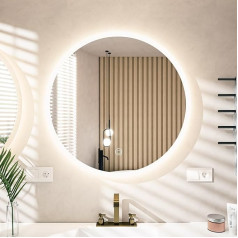 Essbhach Apaļš vannas istabas spogulis ar apgaismojumu, vannas istabas spogulis pret miglošanos, 6000 K baltā gaisma, LED vannas istabas spogulis ar skārienjutīgu slēdzi, vannas istabas spogulis ar apgaismojumu, diametrs 60 cm