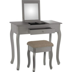 DRW Dressing Table with 1 Drawer and Mirror and Wooden Bench in Silver 80 x 40 x 74 cm, Bench, 5 x 29 x 46 cm, Wood, 80 x 40 x 74 cm, Banco 36.5 x 29 x 46 cm