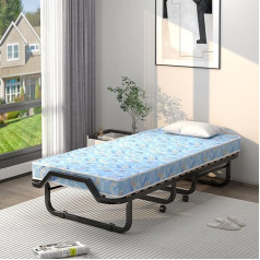 Giantex Folding Bed 90 x 200 cm Adults, Guest Bed Foldable, Travel Cot with Mattress, Folding Bed with 4 Wheels, Single Bed with Slatted Frame, Folding Bed Metal Bed, Metal Frame, Maximum Load 120 kg