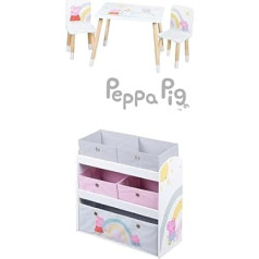 roba Bundle bērnu atpūtas grupa Peppa Pig - 2 bērnu krēsli un 1 koka galds balta + koka rotaļu plaukts Peppa Pig - rotaļlietu plaukts ar 5 kastēm