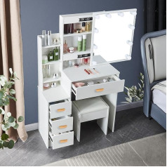 Puselo Dressing Table Dressing Table with Lights Mirror Drawers Padded Stool Large Makeup Desk Set for Women Girls Bedroom (91202)