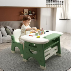 Benarita Children's Table and Chair Set with Erasable Chalkboard, Watercolour Pencils, Multifunctional Children's Activity and Learning Table Made of Plastic for Toddlers (Green)