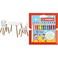 Kesper Stabilo Trio Thick Short Children's Table with 2 Seats, White, Dimensions: Table 55 x 55 x 45 cm, Chair 27.5 x 27.5 x 50.5 cm, 1771213 & Triangular Colouring Pencil - Stabilo Trio Thick Short -