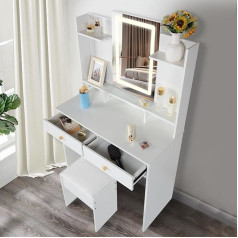 Guanglai Dressing Table with Mirror & Light, Dressing Table with Storage Drawers and Stool, Multiple Shelves, Dressing Table for Bedroom, Dressing Room, White