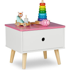 Relaxdays Bērnu naktsskapītis ar atvilktni, HBT 31 x 38 x 30 cm, Bērnuistabas mēbeles, Maza kumode, Koks un MDF, Balta/rozā krāsā