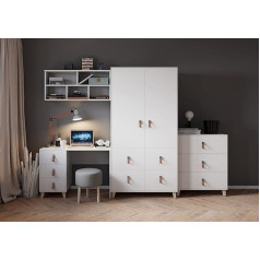 Fabryka Mebli Idźczak Figo Children's Room Set Elegant Cupboard Children's Chest of Drawers Desk Wall Shelf Leather Handles Scandinavian Style Stylish Modern Design (White/White)