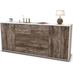 Stil.zeit Eliana Sideboard - Body White Matt - Front Wood Design Driftwood (180 x 79 x 35 cm) Push-to-Open Technology & Smooth Running Rails