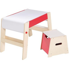 Roba Maltisch & Hocker Set, Kindertisch & -Stuhl Kombination Holz natur/rot, Schreibtisch für die Vorschule inkl. Stuhl mit Papierrolle