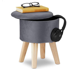 Relaxdays Stool with Storage Space, Comfortable Velvet Upholstery, Living Room & Bedroom, Round Makeup Stool, H 36 x D 30 cm, Grey
