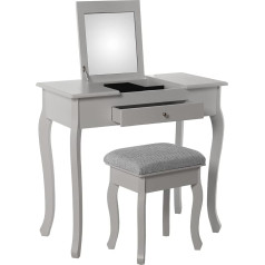 DRW Dressing Table with One Drawer Made of Wood with White Mirror with Bench Upholstered in Fabric, 80 x 40 x 74 cm, Bench 36.5 x 29 x 46 cm