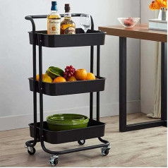 Bakaji Kitchen Trolley with Black Wheels Trolley Kitchen Metal 3 Levels 43 x 36 x 85 4 Wheels Space Saving Plastic Standard