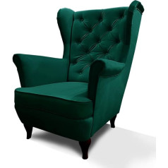 Mars Meble Velour Wing Chair, Armchair with Wooden Legs, Living Room Chair with Wave Feathers, Elegant and Comfortable (Fabric: Kronos 19 - Bottle Green)