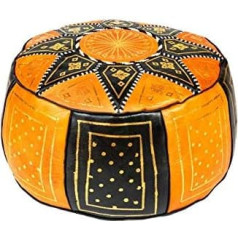 Marrakesch Orient & Mediterran Interior Austrumu apaļš ādas pufs diametrs 45 cm apaļš 30 cm augsts, ieskaitot pildījumu Marokas sēdekļa spilvens Merzougha Black Orange Marokas taburete Foot Stool