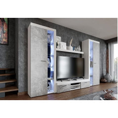 Furnix Riva XL Sienas skapis Betona izskats Dzīvojamā istaba 4 detaļu komplekts ar LED TV Lowboard Highboard Vitrīna Sienas plaukts Moderns brīvi stāvošs W 300 x H 190 x D 40,2 cm Krāsa balta / betona
