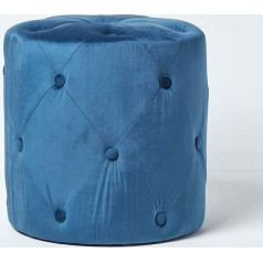 Homescapes Windsor Velvet Footstool Blue Ottoman with Button Stitching Round Decorative Stool Vintage Style 40cm High Dark Blue