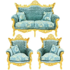 Casa Padrino Baroka stila viesistabas komplekts Master tirkīza zils samta audums/zelts - 2vietīgs dīvāns + 2 krēsli - Ierobežots izlaidums!
