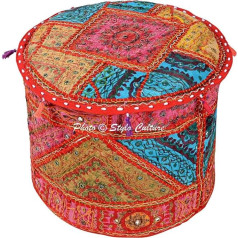 Stylo Culture Cotton Embroidered Mirror Patchwork Ottoman Stool Pouf Cover Multi Color Ethnisch