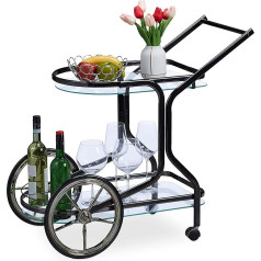 Relaxdays Serving Trolley, Kitchen Trolley with 2 Shelves, H x D: 76 x 46 x 82 cm, Glass & Iron, Side Trolley on Wheels, Black