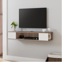 Fitueyes DS210008WG TV Lowboard Hanging Wall Unit with Cable Hole and Open Compartments, Scandinavian TV Board, Wall Cabinet for Living Room, Bedroom, Office, White and Oak, 100 cm