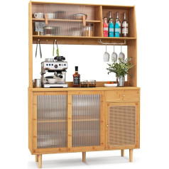 Costway Buffet Cabinet with Attachment, Bamboo Kitchen Cabinet with Sliding Door & Rattan Door & Hook & Glass Holder & Drawer, Storage Cabinet Display Cabinet Country House Style, Natural