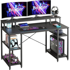 Bestier Gaming Desk with Monitor Shelf, 140 cm Home Office Desk with Open Shelves, Writing Gaming Study Table Workstation for Small Spaces, Carbon Fiber