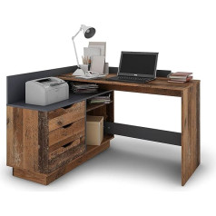 Byliving Belfast Angled Desk / Right or Left Mountable / 3 Drawers / Old Wood Look - Anthracite / Office Table / Corner Desk / W 129 x H 83.5 x D 105 cm