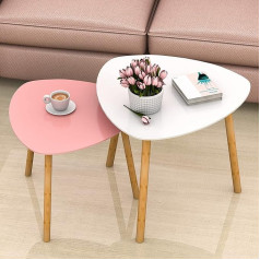 Bambloom Nesting Table Set of 2 Bamboo Side Table for Living Room Side Table for Bedroom Triangle Modern Coffee Table (White & Pink)