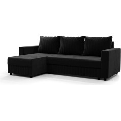 Altdecor Kairė kampinė sofa su miego funkcija ir lovos dėže su dujiniu pakėlimu, minkšta L formos sofa, išdėstyta kairėje pusėje, labai paminkštinta nugara, idealiai tinka kaip svečių lova - 233 x 140 x 90 cm, juoda