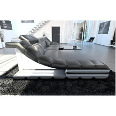 Sofa Dreams Turino Leather Sofa L Shape Corner Sofa with LED Lighting, Adjustable Headrests, Chaise Longue / Choice of Leather Colours / Orientation Selectable (Ottoman Left, Grey/Black)