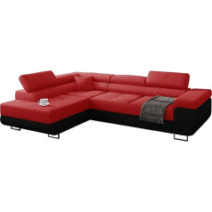 Minio Go For It - Manila Corner Sofa, Sofa with Sleep Function, 272 x 88 x 203 cm (Left Corner), Adjustable Headrests, Sofa Bed with Bedding Boxes, High-Quality Fabrics, Red and Black