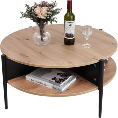 7Riversart Apaļš koka kafijas galdiņš 2 līmeņu uzglabāšanas plaukts Rūpnieciskais modernais dizains Dīvāna galds viesistabai
