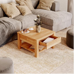 Kiki Design Coffee Table, Width 70 cm, Made of Solid Wood with 1 Drawer, Living Room, Coffee Table, Solid Beech Heartwood Table, 70 cm