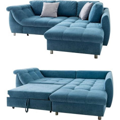 Luma-Home Schönes Für Dein Zuhause Modern Corner Sofa with Sleep Function, Wave Base Suspension with Comfort Foam, Cosy L Sofa 250 x 190 cm, Long Chair Ottoman Right, Couch with Microfibre Fabric, Blue, 2 Decorative Cushions, Grey,