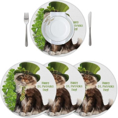 Cfpolar Akvareļglezniecība kaķis leprechaun cepure apaļas placemats komplekts 4, neslīdošs karstumizturīgs placemats Mazgājams PVC virtuves placemats Viegli tīrāms Piemērots ēdamgalda virtuvei restorāns