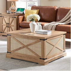 Barnyatoh Farmhouse Square Coffee Table with Storage, Boho Rattan Wood, Center Table with Hinged Lift Top, Rustic Cocktail Table with Large Hidden Storage Compartment for Living Room,