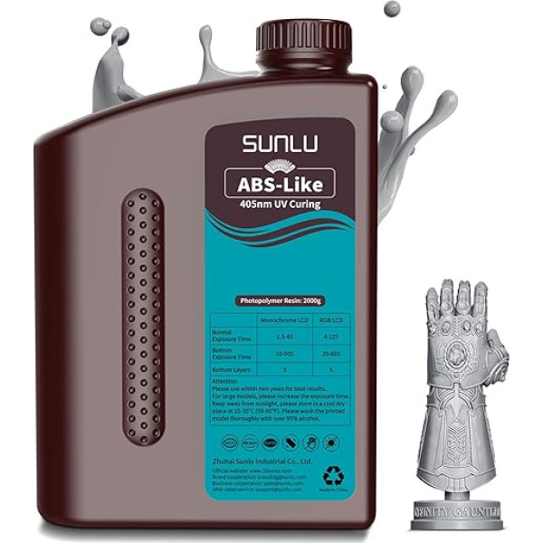 SUNLU ABS tipo 3D spausdintuvo derva 2 kg, 405 nm ultravioletinių spindulių kietėjimo standartinė fotopolimerinė greitoji derva LCD/DLP/SLA 3D spausdinimui, nedūžtanti ir labai tiksli, pilka, 2000G