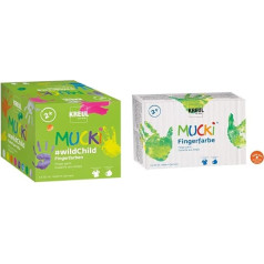 Kreul 2305 Mucki Pirkstu krāsu komplekts Premium Wild Child, bērniem no 2 gadu vecuma, 8 x 150 ml & 2316 - Mucki Bright Finger Paint, 6 x 150 ml, dzeltena, sarkana, zila, zaļa, balta un melna krāsa.